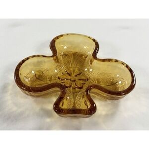 Vintage Indiana Glass Amber Tiara Clover Shamrock 4" Dish Ashtray Jewelry Tray 0